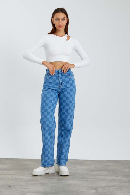 Raw Dama Desenli Mavi Boru Paça İspanyol Model Spor Trend Pantolon