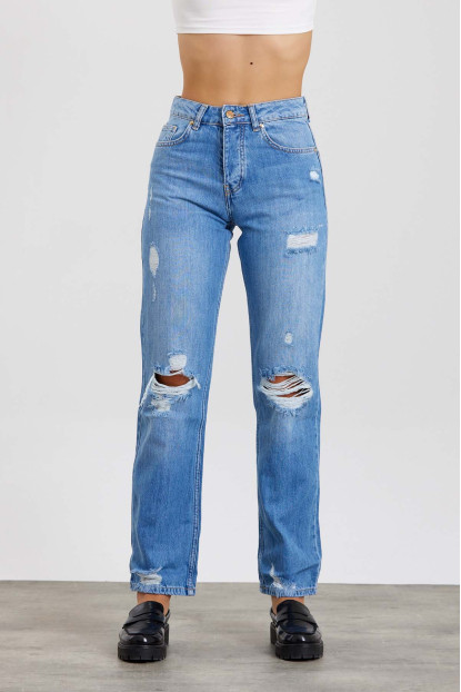 Raw Destroylu Yırtmaçlı DEtay Mavi Trend Jeans