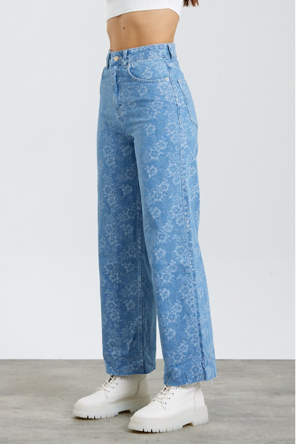 Raw Metraj Baskılı Çiçek Desenli Ispanyol Modelli Trend Mavi Jeans